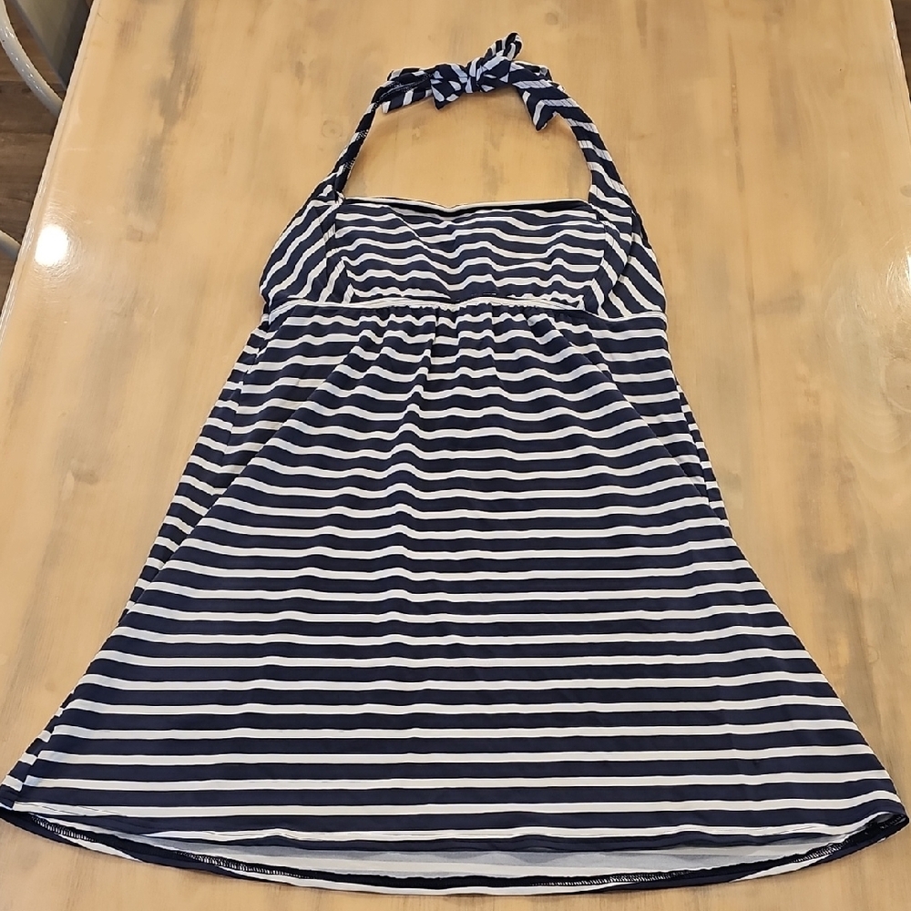 Lands End Navy and White Striped Halter Swim Dress 10L